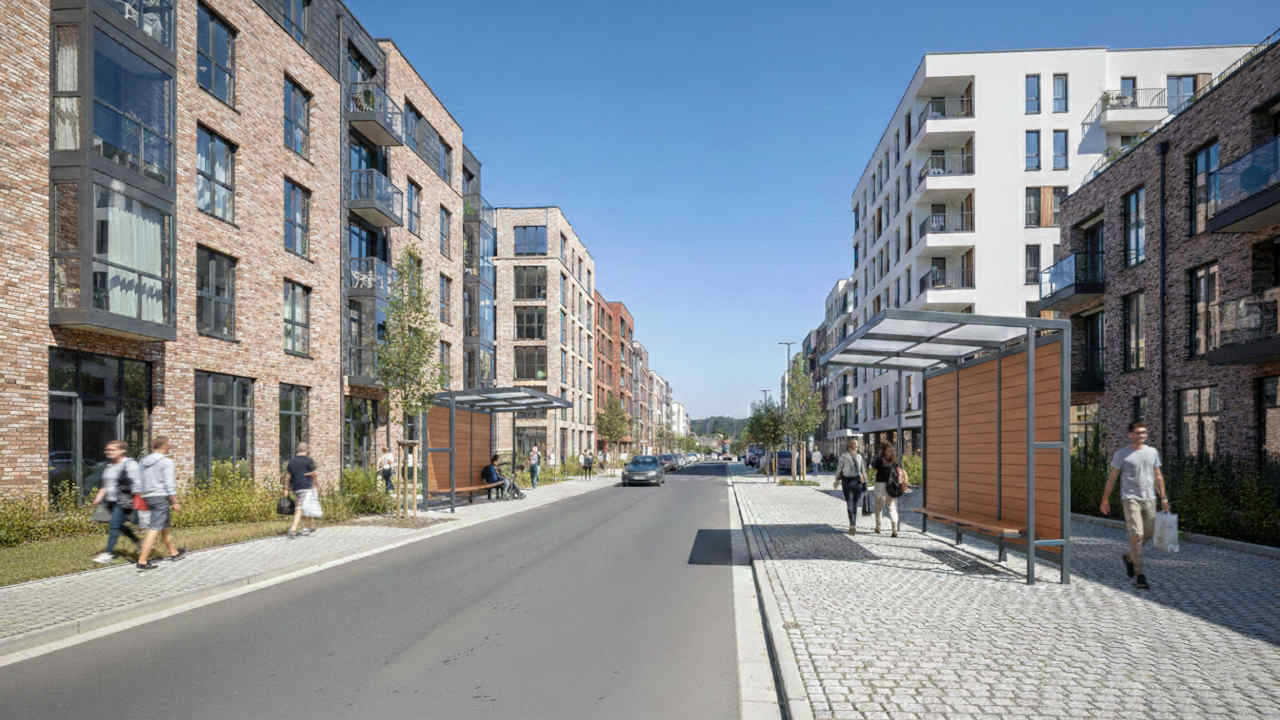 Autobusová zastávka s plochou střechou, zadní stěnou a lavičkou ze dřeva.  typ TECHNIK